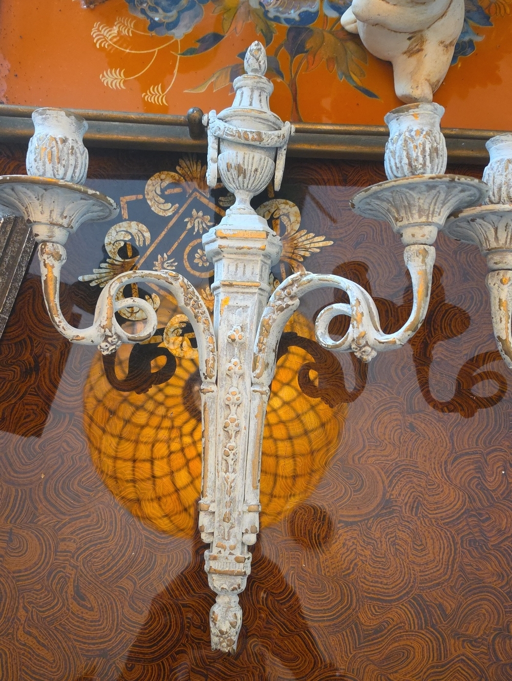 Vintage Andrea By Sadek White Distressed Ornate Wall Hook Sconces